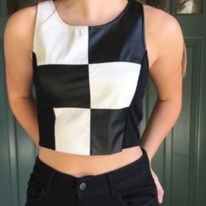 UO Black White Leather Checker Crop Top